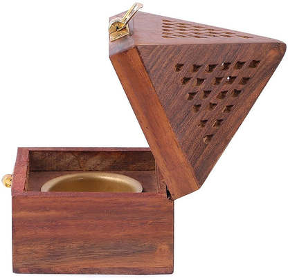 DECORASIA™ Pyramid Wooden Dhoop Dani with Brass Lock (Handcrafted Incense Burner)