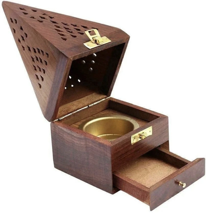 DECORASIA™ Handcrafted Wooden Dhoop Dani with Brass Bowl & Storage Drawer