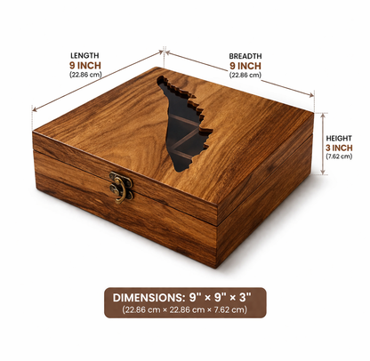 Kerala Map Sheesham Wood Masala Box | 9 Compartments with Glass Lid | Handcrafted Wooden Spice Organizer | 9x9x3 Inch