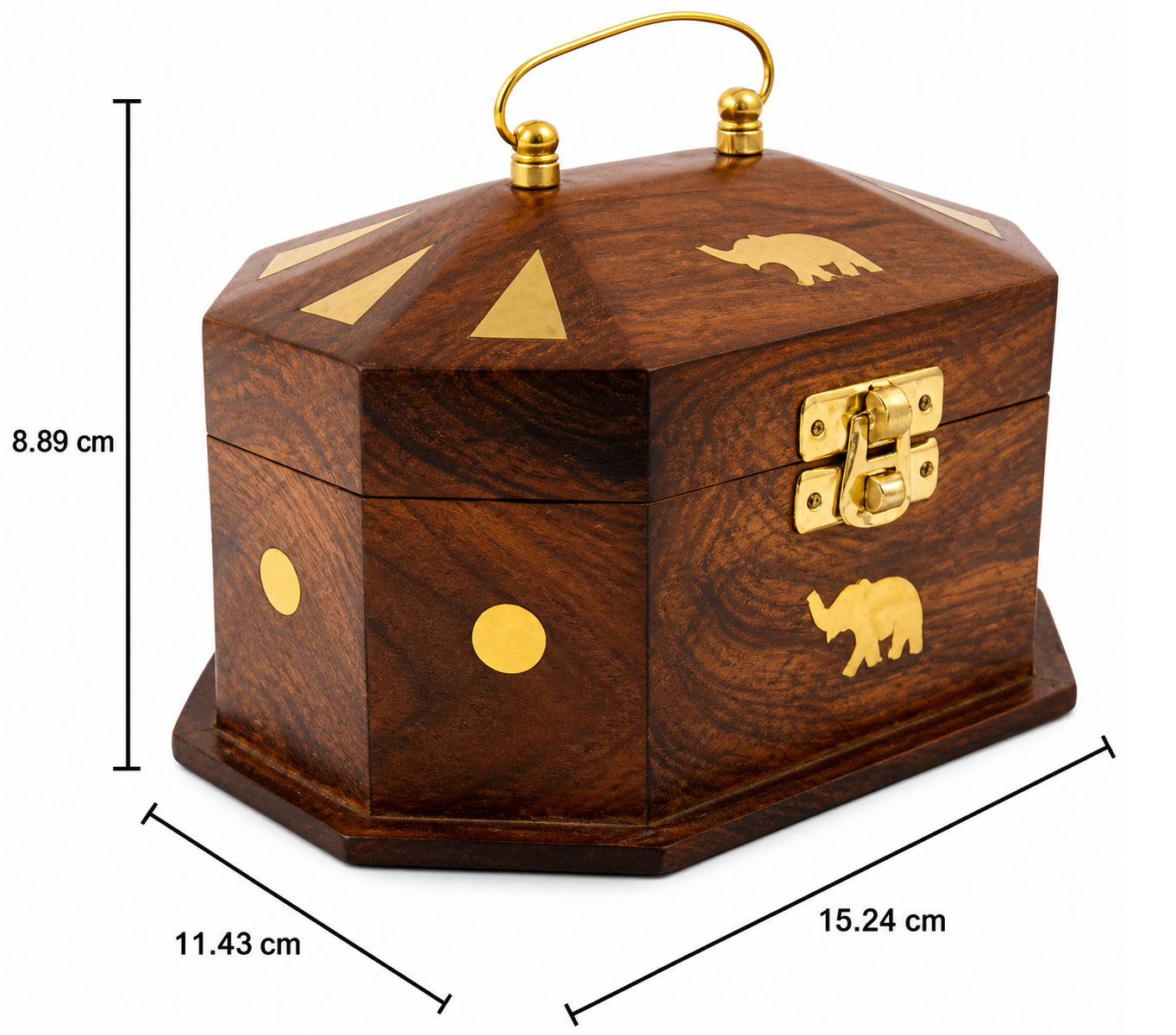Handcrafted Sheesham Wood Jewellery Box with Brass Elephant Inlay & Handle