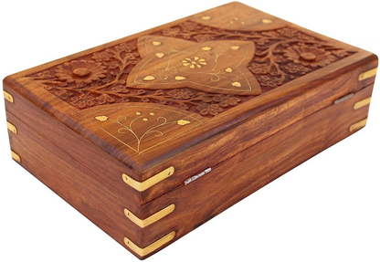 Handcrafted Sheesham Wood Jewellery Box with Floral Carving, Brass Inlay & Lock