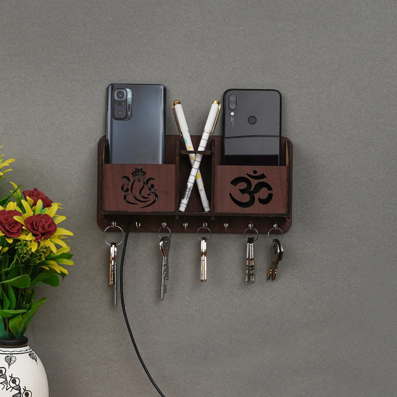 Wooden Key Holder with Ganesh & Om Design – Wall Organizer with Hooks