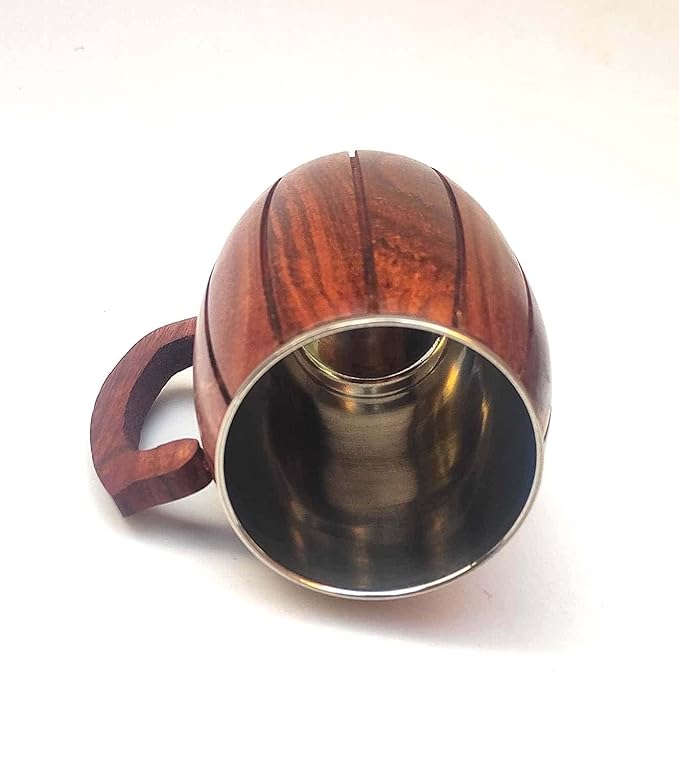 Wooden Mug, Barrel Design with Stainless Steel Interior, Handcrafted Wood Handle