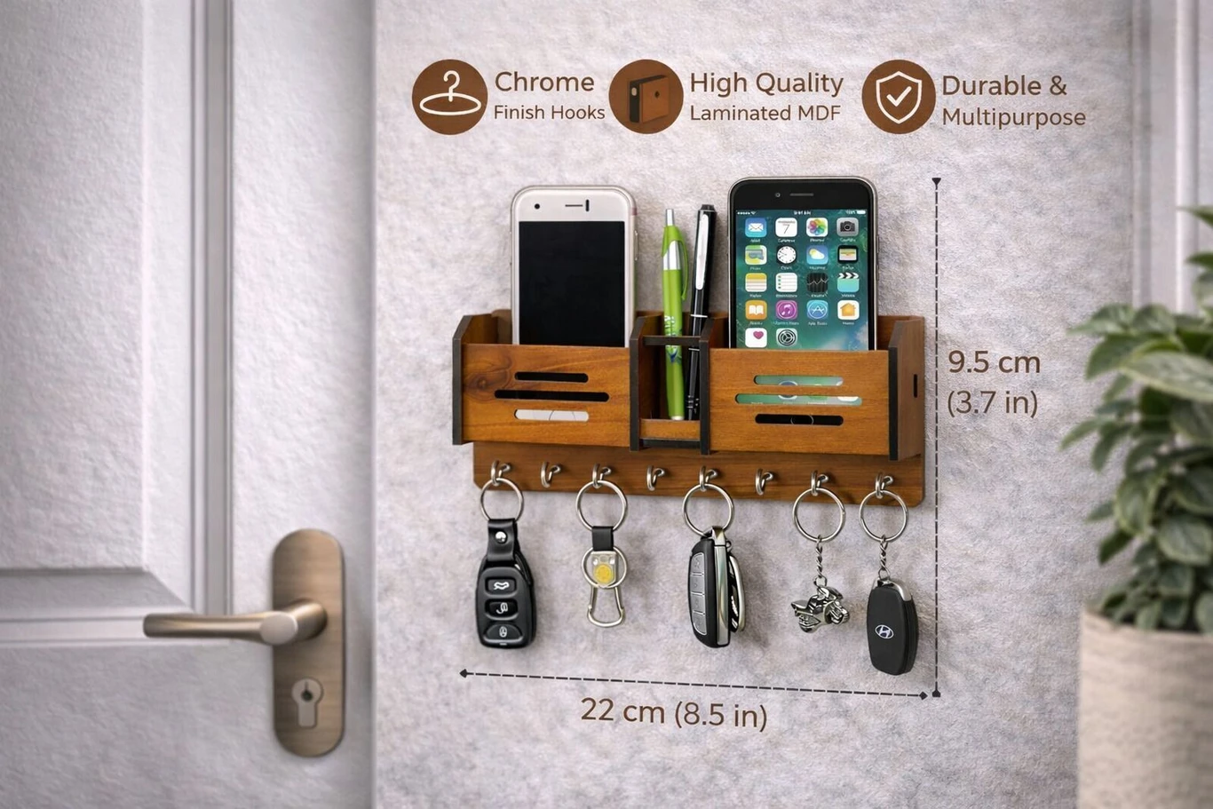 Wooden Wall Key Holder with Mobile Stand & Pen Organizer
