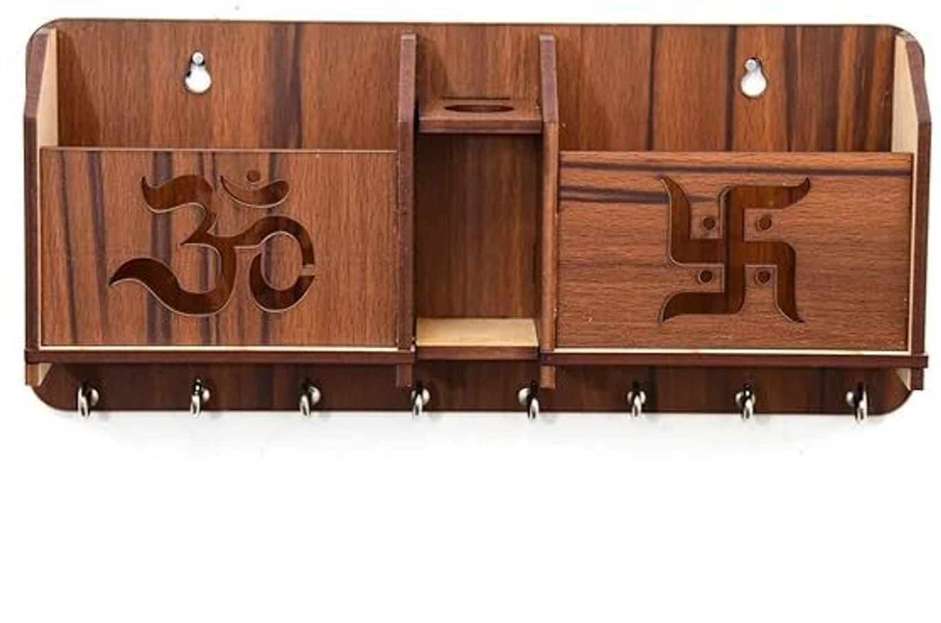 Wooden Key Holder with Om & Swastik Design – Wall Organizer with Shelf