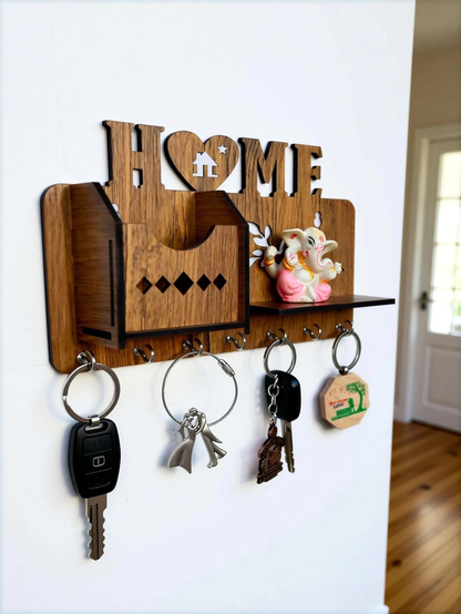 Wooden “HOME” Key Holder with Shelf & Organizer