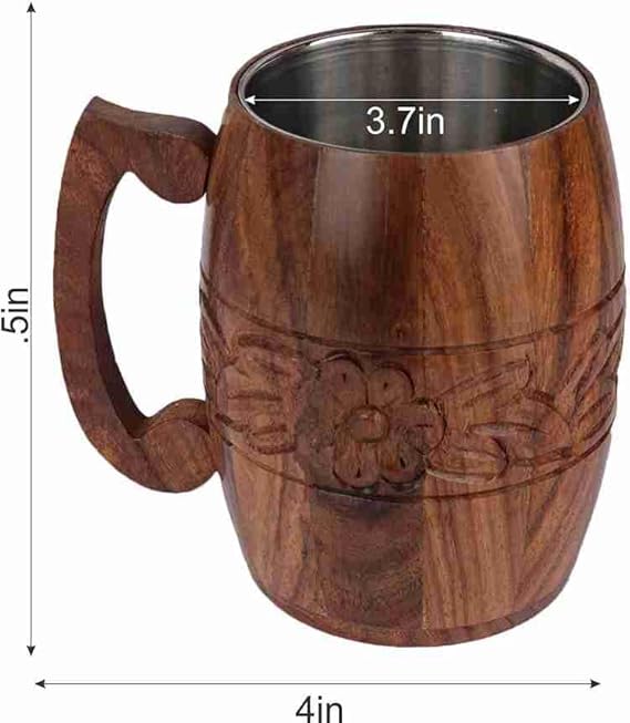 Handcrafted Wooden Beer Mug with Lotus Carving, Stainless Steel Inner Lining, Brown
