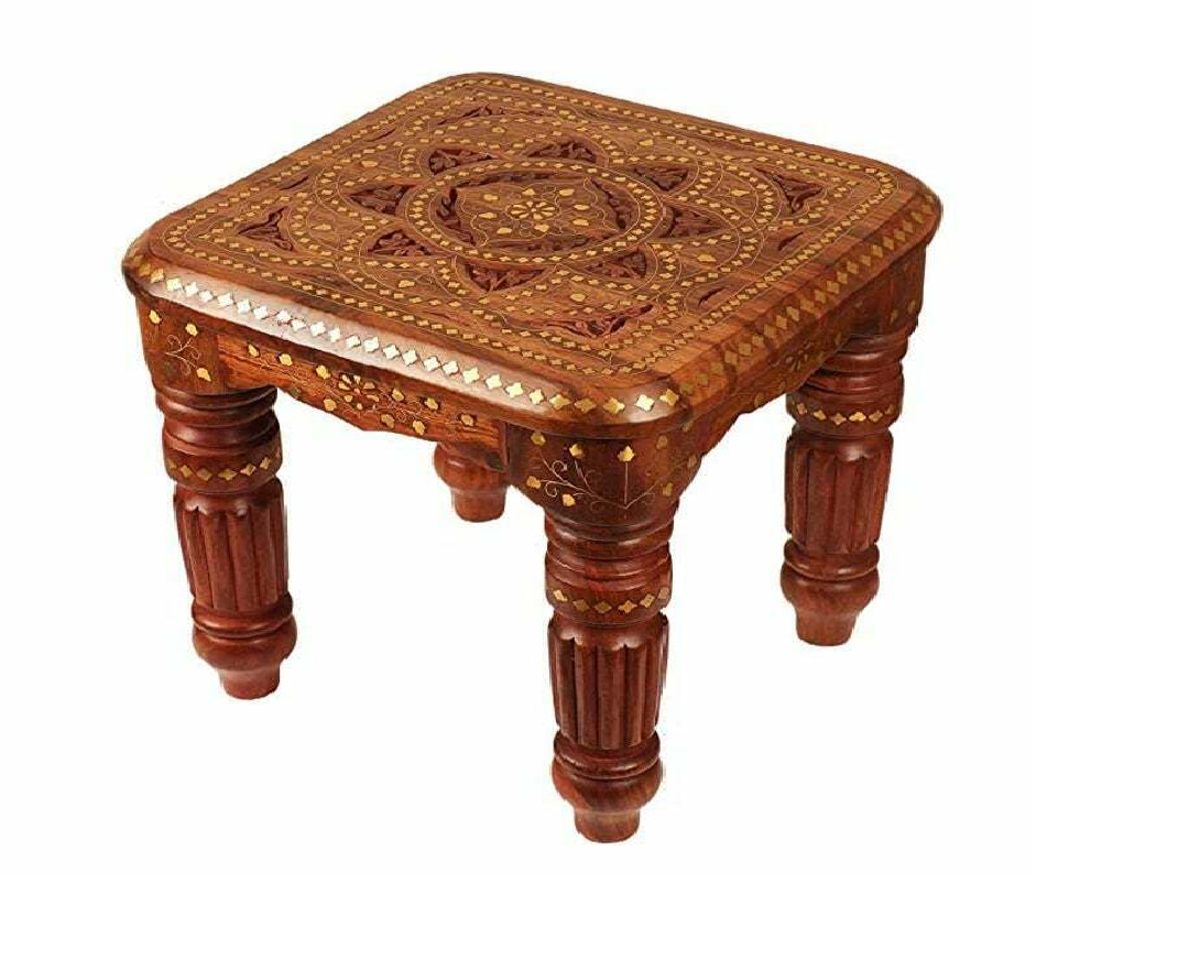Hand Carved Sheesham Wood Stool with Brass Inlay – Traditional Wooden Accent Table