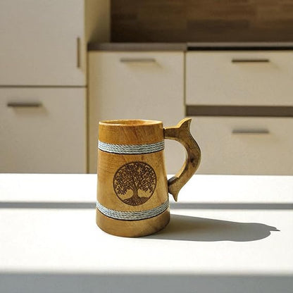Handcrafted Wooden Mug | 5-Inch Rustic Oak Barrel Design with Tree Carving & Silver Rounds
