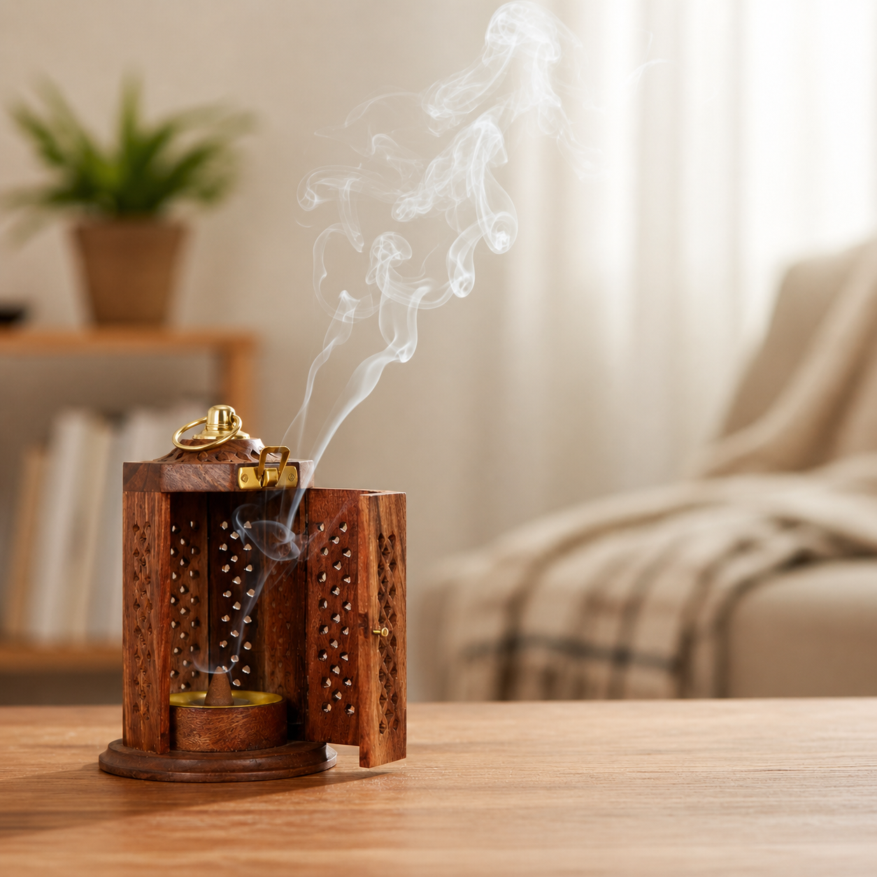 DECORASIA™ Wooden Dhoop Dani with Handle & Brass Lock (Handcrafted Incense Burner)