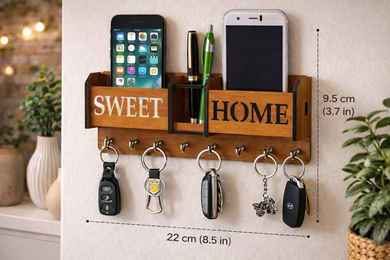 Sweet Home” Wooden Key Holder with Mobile Stand & Organizer