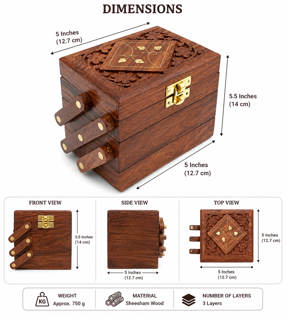 Handcrafted Wooden Jewellery Box with Carved Lid & Storage Drawers