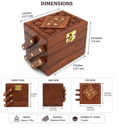 Handcrafted Wooden Jewellery Box with Carved Lid & Storage Drawers