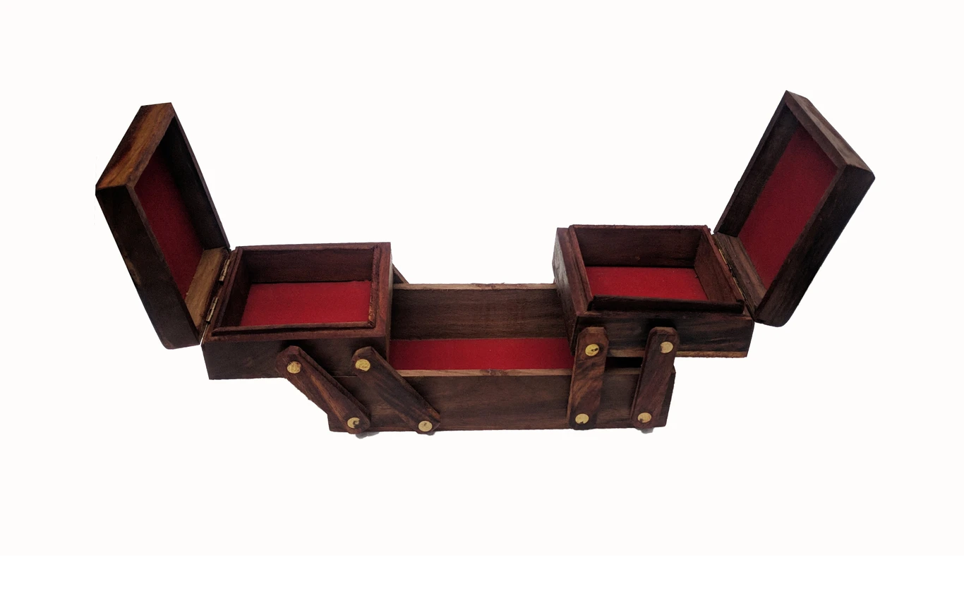 Hand-Carved Sheesham Wood Dual Expandable Jewellery Box with Floral Design