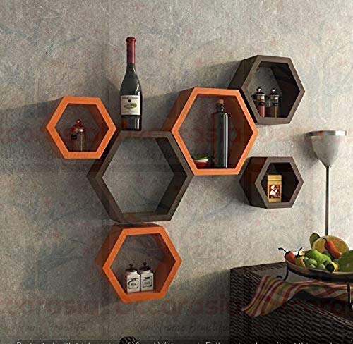 DECORASIA� Beautiful Wooden Hexagon Shape Designer Storage Shelves MDF (Set of 6) (Medium Density Fiber) Wall Shelf