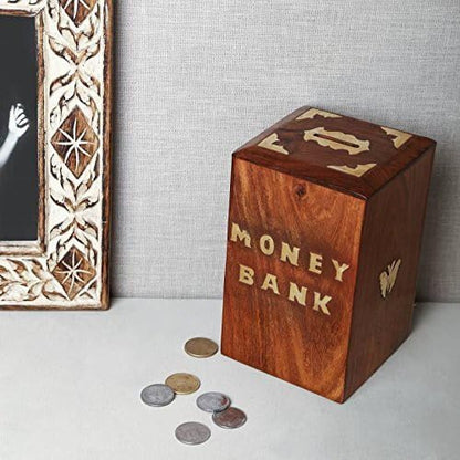 Decorasia Special Valentine Gift- Handmade Wooden Money Bank with Lock & Keys|Butterfly Inlay Coin Storage Box | Piggy Bank for Kids & Adults | Secure Saving Box for Birthday,Xmas & Festive Gifting