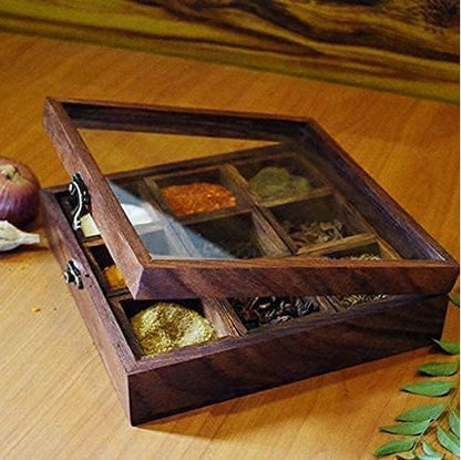 Decorasia Sheesham Wood Spice Box with Glass Lid, 9 Compartments, Traditional Masala Container, Brown