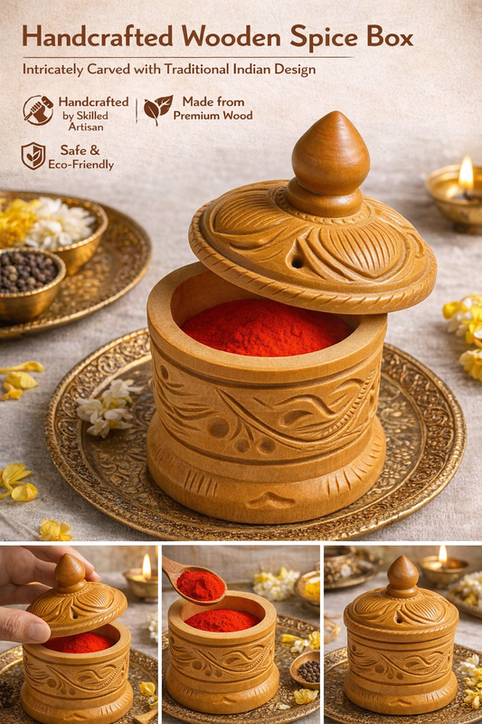 Hand Carved Wooden Sindoor Box with Brass Work – Traditional Kumkum Storage Container | Decorative Puja Box