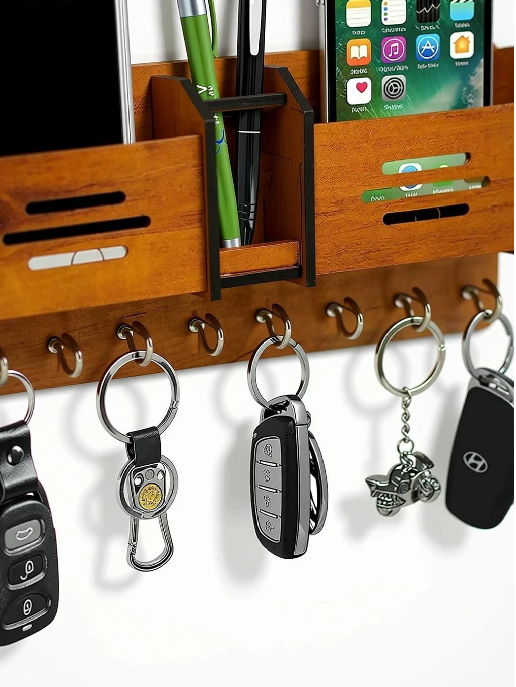 Wooden Wall Key Holder with Mobile Stand & Pen Organizer