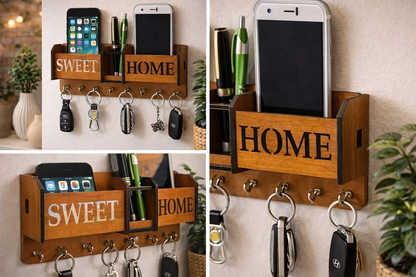Sweet Home” Wooden Key Holder with Mobile Stand & Organizer