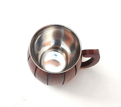 Wooden Mug, Barrel Design with Stainless Steel Interior, Handcrafted Wood Handle