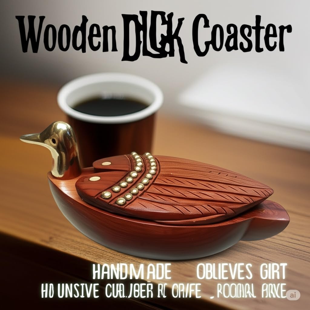 Handcrafted Wooden Duck Coaster Set, Brown with Gold Accents, Decorative Swan Holder with 4 Carved Coasters