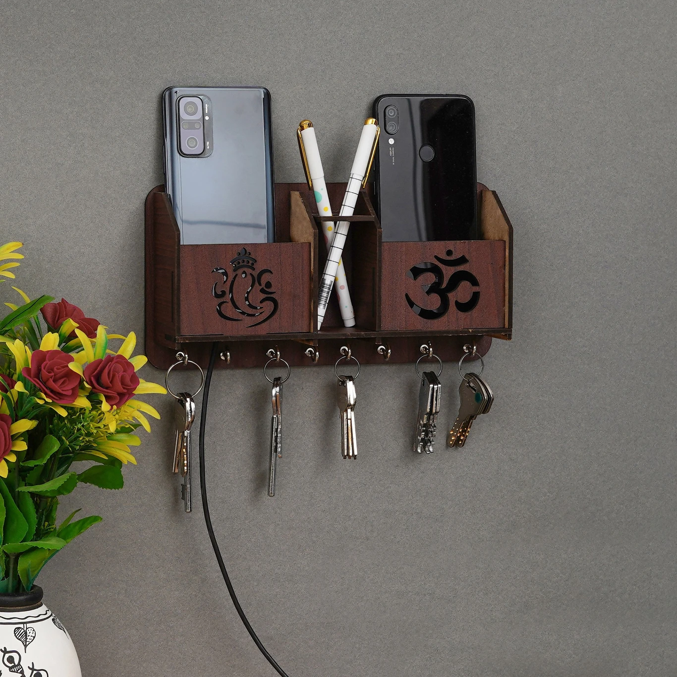 Wooden Key Holder with Ganesh & Om Design – Wall Organizer with Hooks