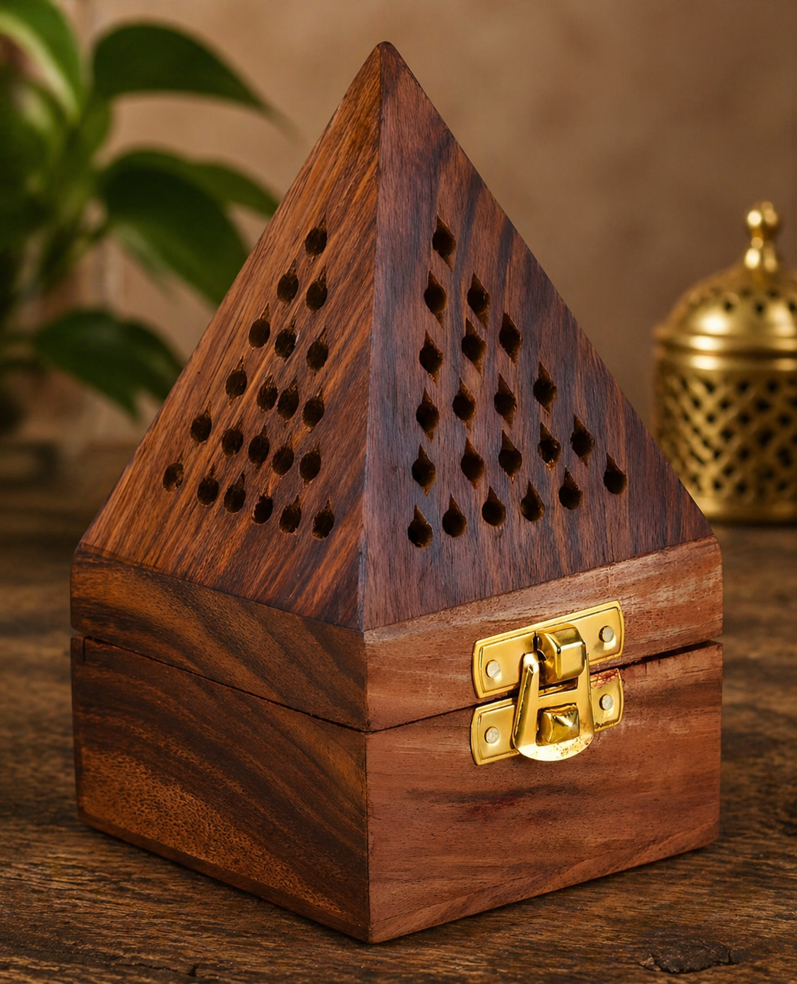 DECORASIA™ Pyramid Wooden Dhoop Dani (Handcrafted Incense Burner with Lock)