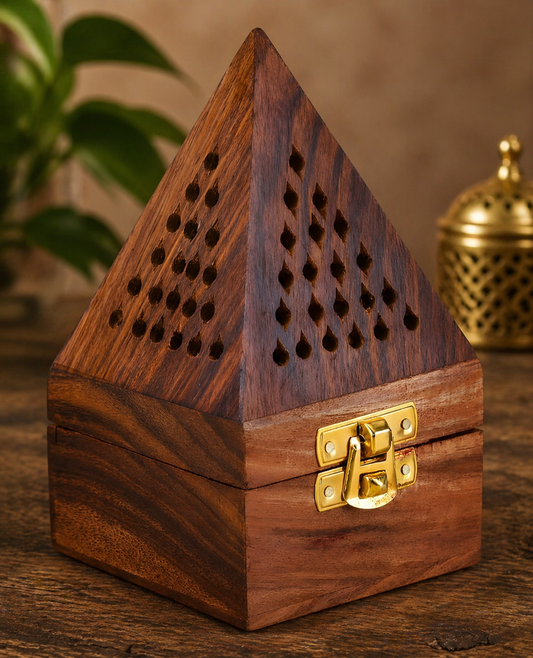 DECORASIA™ Pyramid Wooden Dhoop Dani (Handcrafted Incense Burner with Lock)