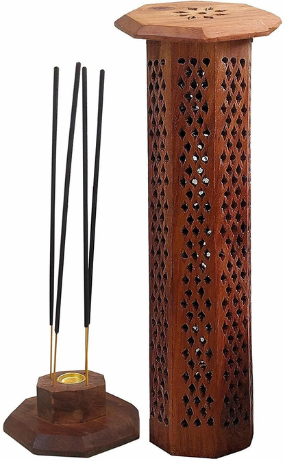 Handcrafted Wooden Tower Incense Holder (Agarbatti Stand with Ash Catcher)