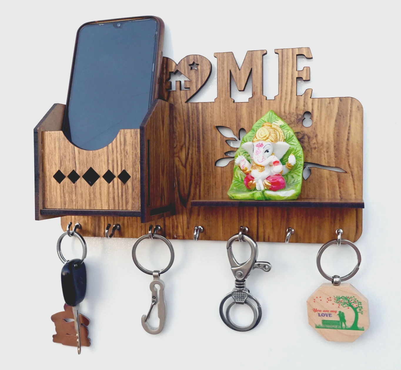 Wooden “HOME” Key Holder with Shelf & Organizer