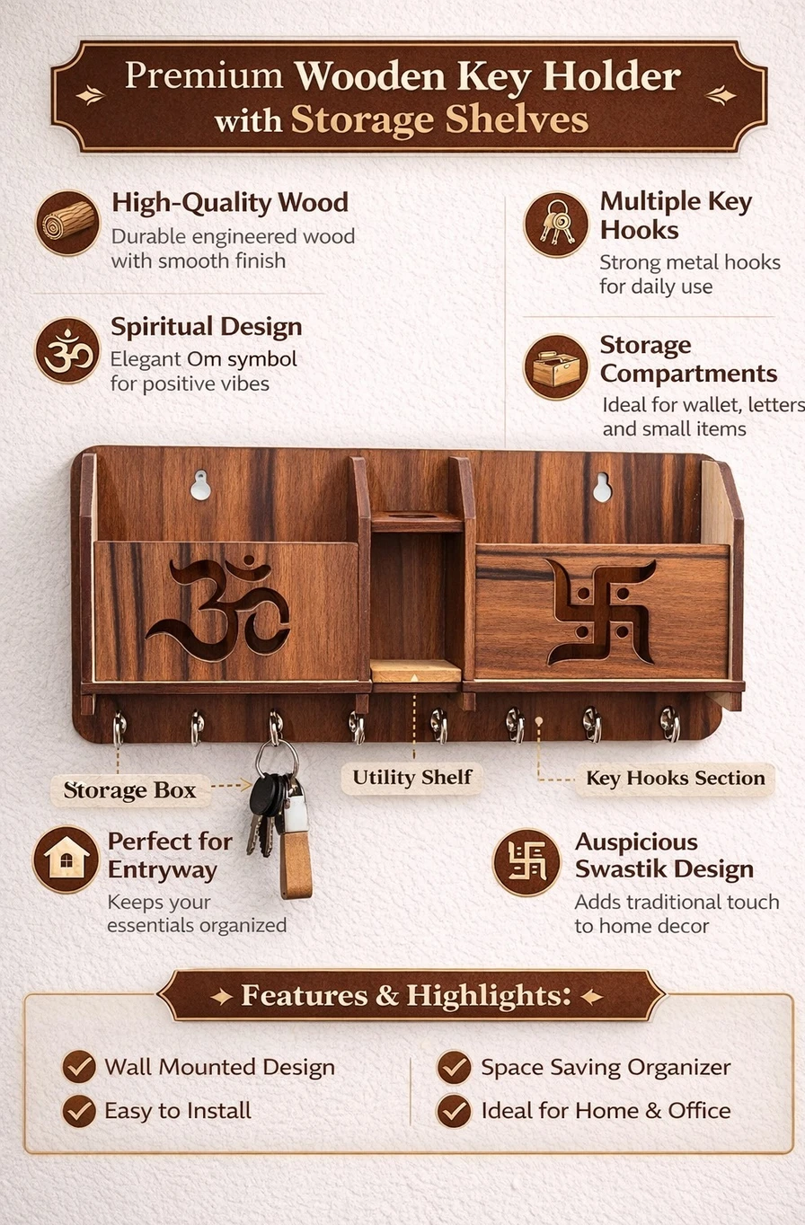 Wooden Key Holder with Om & Swastik Design – Wall Organizer with Shelf
