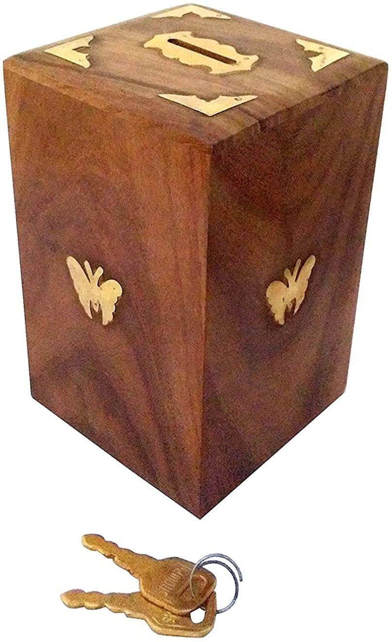 Decorasia Special Valentine Gift- Handmade Wooden Money Bank with Lock & Keys|Butterfly Inlay Coin Storage Box | Piggy Bank for Kids & Adults | Secure Saving Box for Birthday,Xmas & Festive Gifting