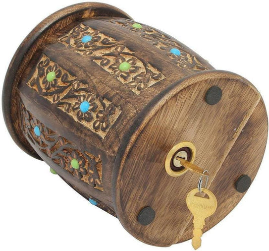 Decorasia Wooden Antique Money Bank for Kids | Handcrafted Piggy Bank with Lock & Key | Traditional Coin Saving Box | Decorative Gullak for Boys & Girls