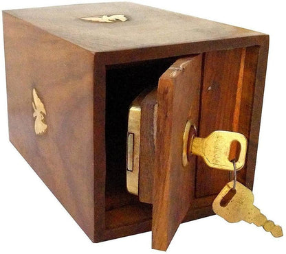 Decorasia Special Valentine Gift- Handmade Wooden Money Bank with Lock & Keys|Butterfly Inlay Coin Storage Box | Piggy Bank for Kids & Adults | Secure Saving Box for Birthday,Xmas & Festive Gifting