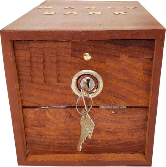 Decorasia Wooden Big Size Money Bank | Large Handcrafted Coin Saving Box with Lock & Key | Traditional Wooden Piggy Bank for Kids & Adults | Decorative Gullak for Gifting