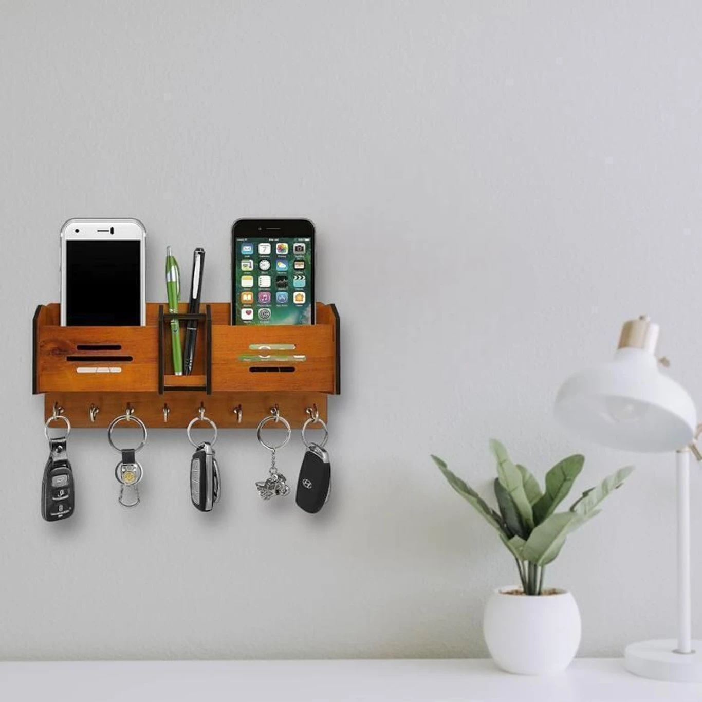 Wooden Wall Key Holder with Mobile Stand & Pen Organizer