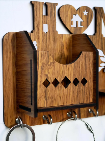 Wooden “HOME” Key Holder with Shelf & Organizer