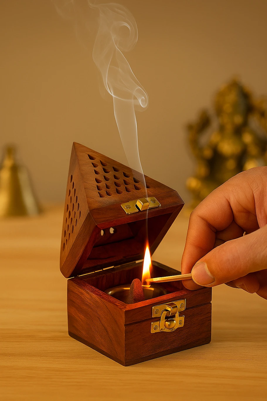 DECORASIA™ Pyramid Wooden Dhoop Dani (Handcrafted Incense Burner with Lock)