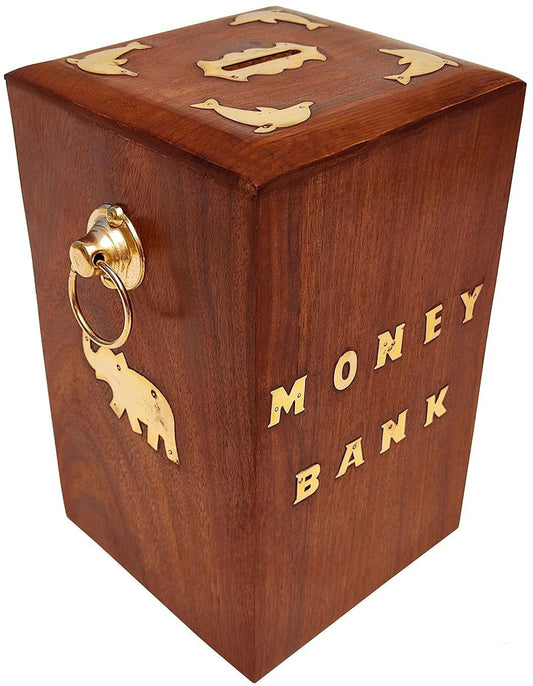 Decorasia Wooden Big Size Money Bank | Large Handcrafted Coin Saving Box with Lock & Key | Traditional Wooden Piggy Bank for Kids & Adults | Decorative Gullak for Gifting