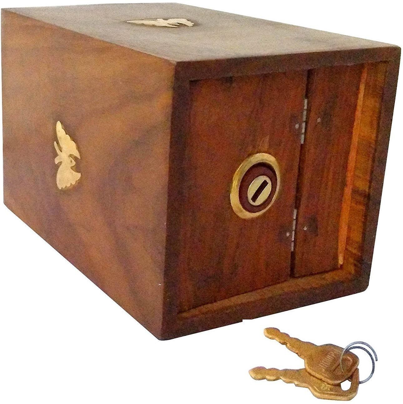 Decorasia Special Valentine Gift- Handmade Wooden Money Bank with Lock & Keys|Butterfly Inlay Coin Storage Box | Piggy Bank for Kids & Adults | Secure Saving Box for Birthday,Xmas & Festive Gifting