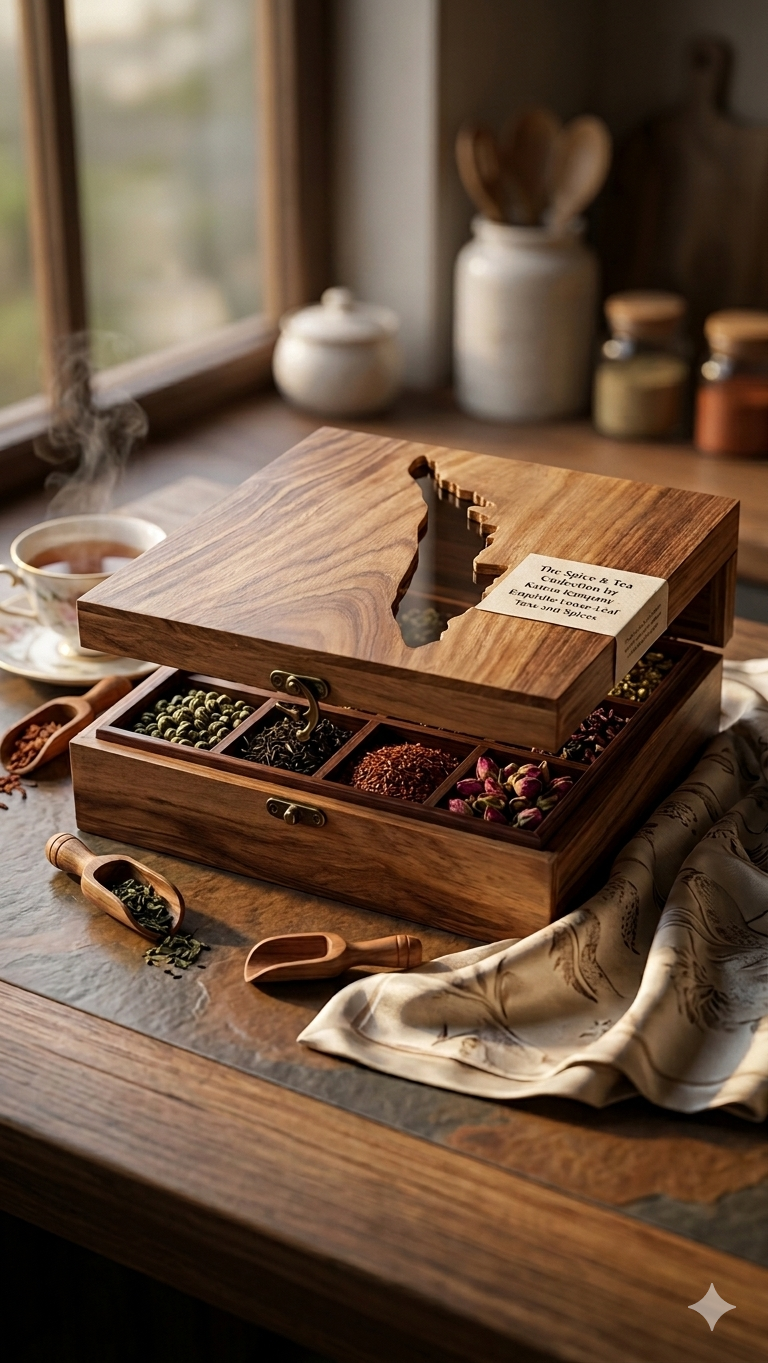 Kerala Map Sheesham Wood Masala Box | 9 Compartments with Glass Lid | Handcrafted Wooden Spice Organizer | 9x9x3 Inch
