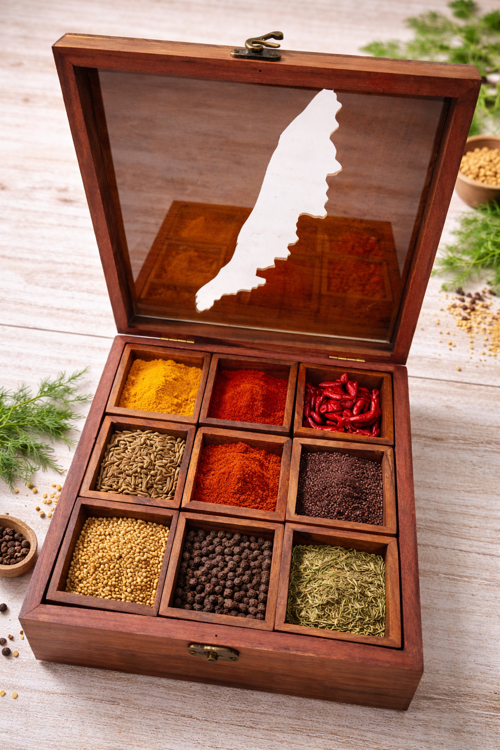 Kerala Map Sheesham Wood Masala Box | 9 Compartments with Glass Lid | Handcrafted Wooden Spice Organizer | 9x9x3 Inch
