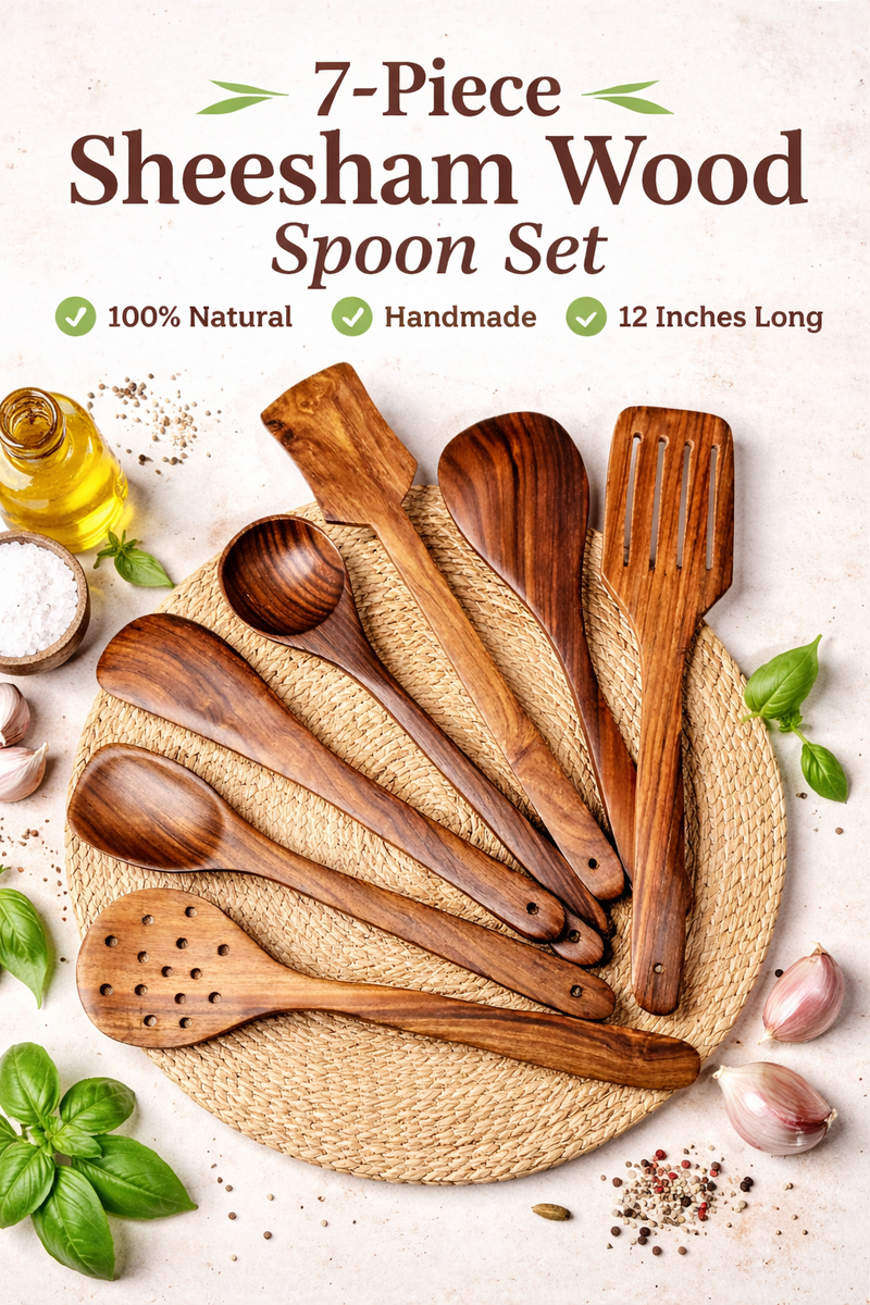 7-Piece Sheesham Wood Cooking Spoon Set – 100% Natural Handmade Kitchen Utensils (12 Inch, Brown)