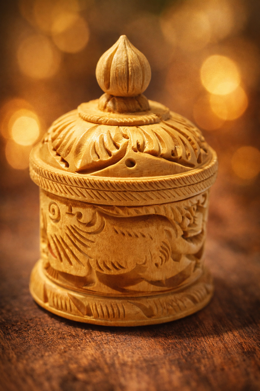 Hand Carved Wooden Sindoor Box with Brass Work | Traditional Kumkum Storage Box | Handmade Decorative Puja Box