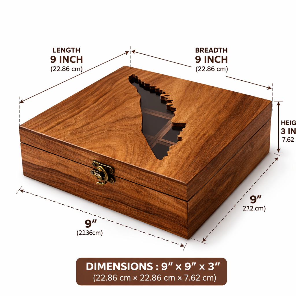 Kerala Map Sheesham Wood Masala Box | 9 Compartments with Glass Lid | Handcrafted Wooden Spice Organizer | 9x9x3 Inch