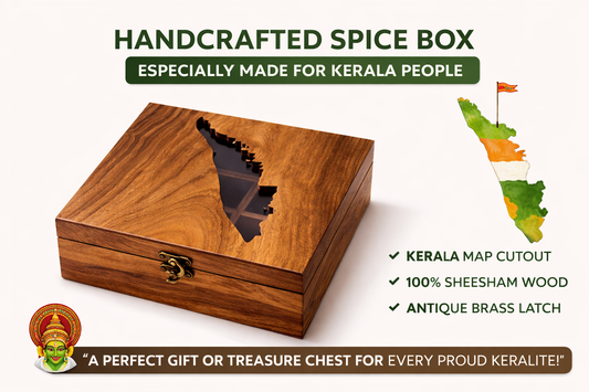 Kerala Map Sheesham Wood Masala Box | 9 Compartments with Glass Lid | Handcrafted Wooden Spice Organizer | 9x9x3 Inch
