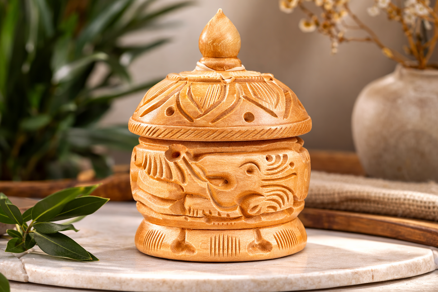 Hand Carved Wooden Sindoor Box with Brass Work – Traditional Kumkum Storage Container | Decorative Puja Box