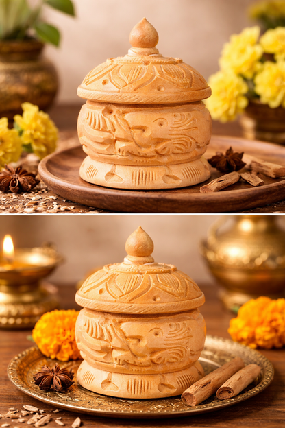Hand Carved Wooden Sindoor Box with Brass Work – Traditional Kumkum Storage Container | Decorative Puja Box