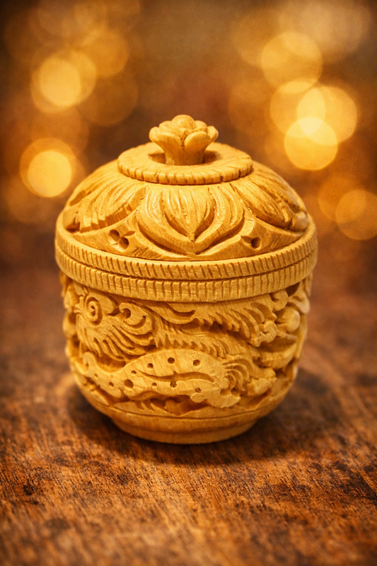 Handcrafted Wooden Sindoor Box with Intricate Carving & Brass Work – Premium Traditional Kumkum Container